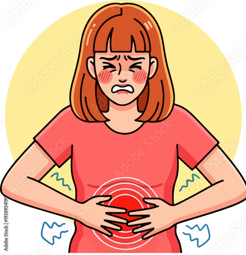 Woman Suffering from Abdominal Pain Vector Illustration