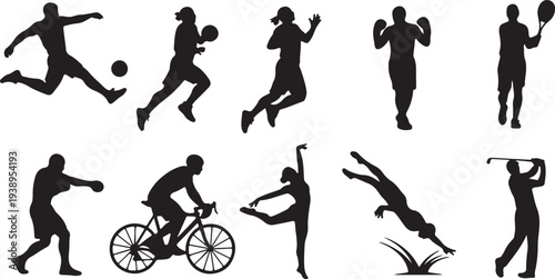 Set of diverse sports vector icon silhouettes. Athletes in action, playing various sports. isolated PNG with Transparent Background