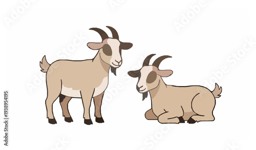Cartoon goat pair vector illustration standing and resting farm animals on white