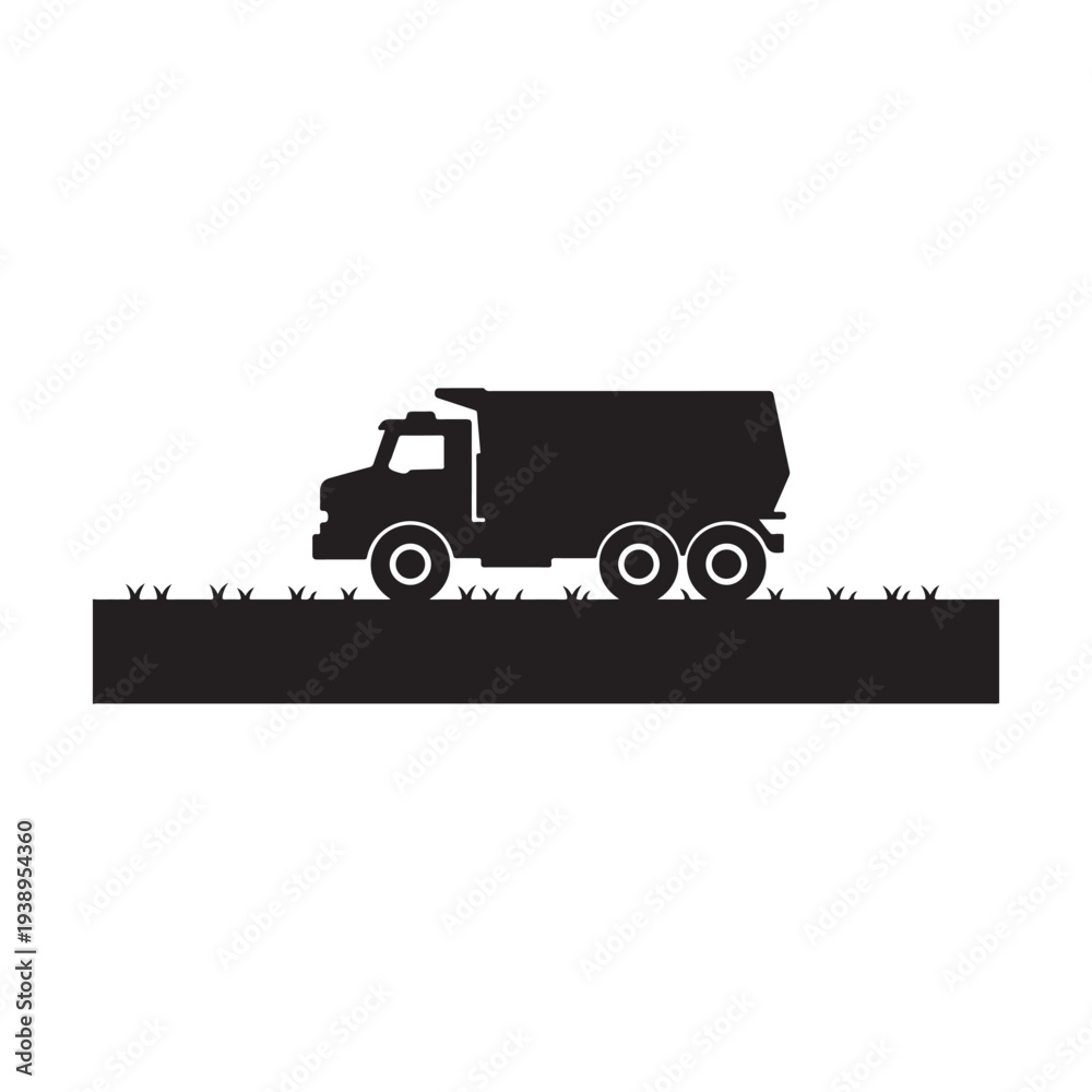 Fototapeta premium Black truck driving on road with grass side view silhouette transport vehicle
