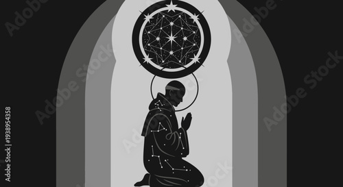 Monk Praying Under Celestial Constellation, Spiritual Enlightenment