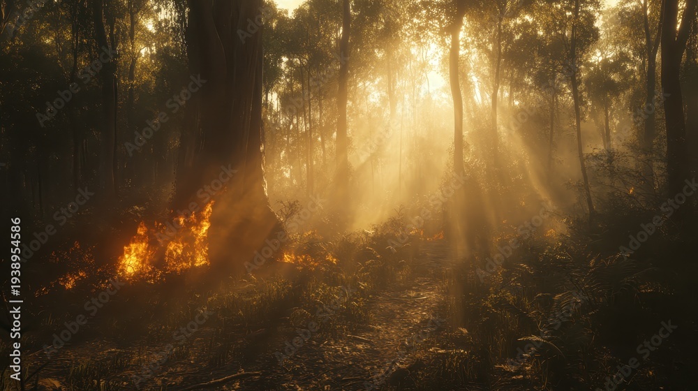 Obraz premium Wildfire consuming a sun-drenched forest, showcasing the devastating impact of climate change