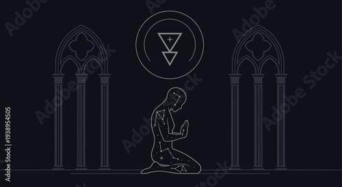 Man kneeling in prayer with alchemical symbols and gothic architecture