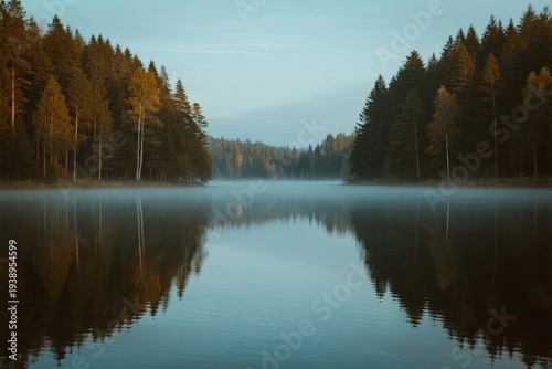 Calm lake surrounded by dense forest with mirror-like reflection at dawn