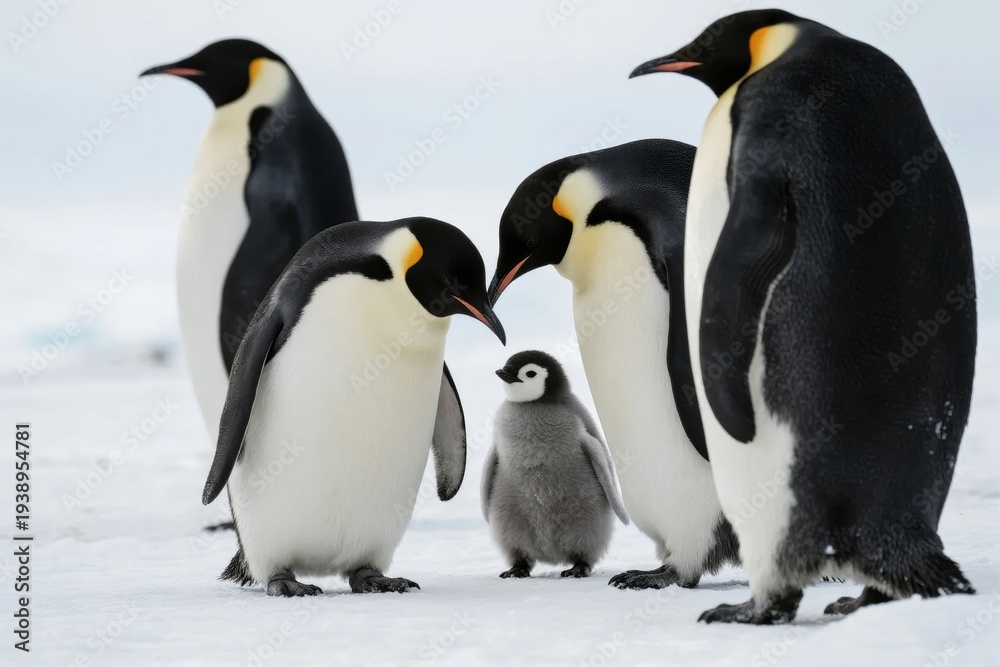 Obraz premium Group of emperor penguins with a chick standing on snowy terrain