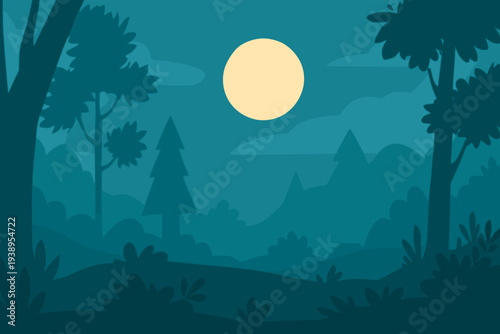 full moon in dark forest jungle night landscape view background flat color vector illustration template design