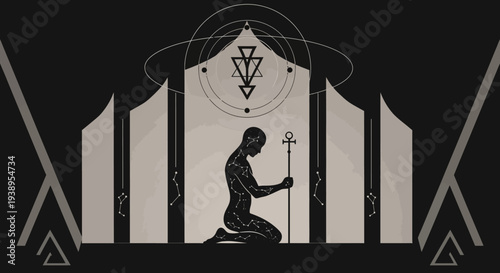 Mysterious Silhouette Figure Kneeling with Ankh Staff in Abstract Geometric Temple