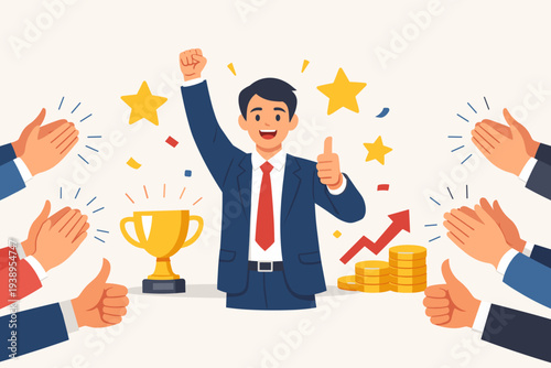 Successful Businessman Celebrating Achievement with Trophy and Clapping Hands, Employee Recognition Concept for High Performance, Career Growth, Professional Success and Appreciation Award.