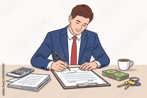 Businessman in a Professional Suit Signing a Legal Contract or Loan Agreement at a Desk with a Calculator, Stack of Cash Money, House Keys, and Coffee Cup, Concept of Banking and Real Estate Deal