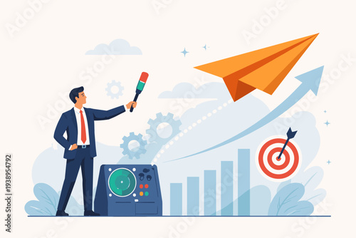 Businessman in Suit Controlling Project Success with Leadership and Strategy. Orange Paper Plane Flying Upward with Growth Arrow, Target, Bar Chart, and Radar. Concept of Startup Launch and Goals.