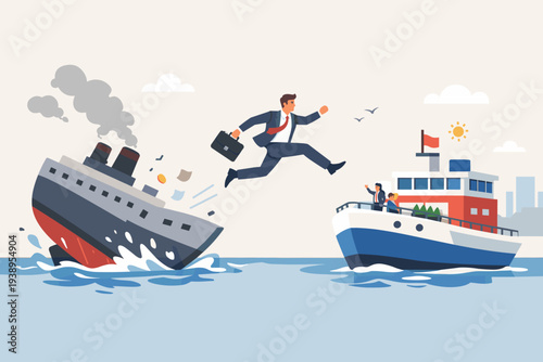 Businessman Jumping from Sinking Ship to New Stable Vessel, Concept of Escaping Risk, Bankruptcy, or Failing Company to Find New Career Opportunity, Professional Growth, and Crisis Management.