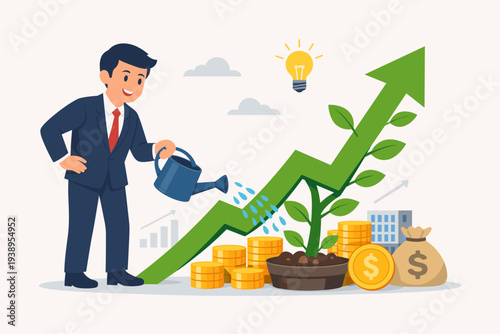 Successful businessman watering a plant growing on a rising arrow chart, representing financial profit, investment growth, wealth accumulation, prosperity, and smart economic strategy concept.