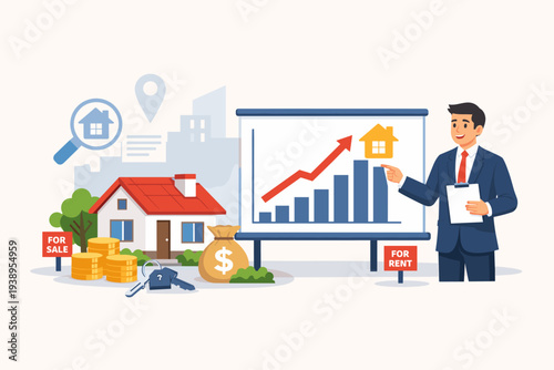 Professional real estate agent presenting property investment growth chart with house, money bag, coins, and keys. Concept for mortgage calculation, buying or renting home, and market value.