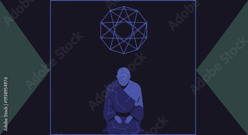 Monk Meditating Under Sacred Geometry Mandala, Spiritual Enlightenment