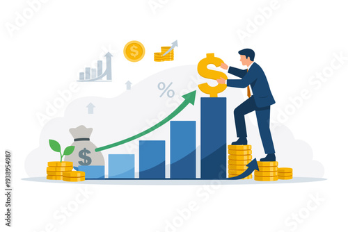 Businessman climbing gold coin stacks to place a dollar sign on a rising bar chart, representing financial growth, investment success, profit increase, passive income, and stock market returns.