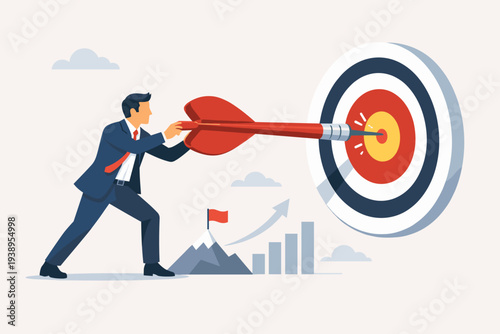 Businessman hitting the bullseye with a large dart, representing marketing strategy, leadership, goal achievement, success, and aiming for perfection in corporate growth and strategic planning.