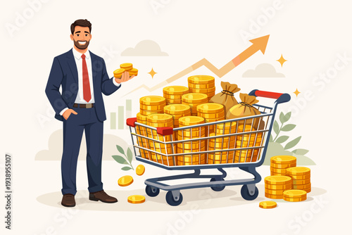 Successful businessman standing next to a shopping cart overflowing with gold coins and money bags, symbolizing financial growth, investment profit, wealth accumulation, and business prosperity.