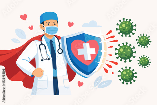Superhero Doctor Physician Wearing Red Cape and Face Mask Holding Medical Shield with Heart and Cross to Protect Against COVID-19 Coronavirus Outbreak Spreading, Healthcare Hero Concept Design.