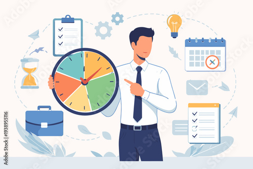 Professional businessman holding a large colorful clock for time management and productivity. Icons of hourglass, calendar, checklists, and lightbulb represent efficient task planning and work.