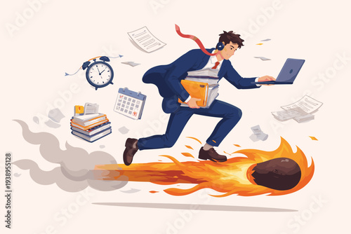 Overworked Employee Running on a Flaming Matchstick for Toxic Productivity and Burnout Concept, Hurrying to Meet Deadlines with Laptop and Files in a High Pressure Corporate Office Environment.