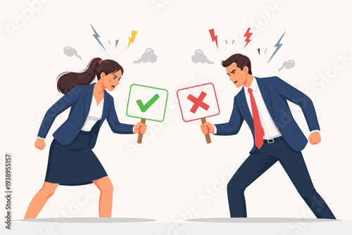 Angry Business Man and Woman Having a Heated Argument or Disagreement in Office, Holding Yes and No Signs with Checkmark and Cross, Concept of Conflict, Debate, Rivalry, and Corporate Dispute