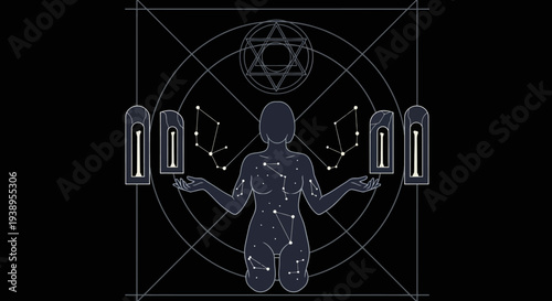 Mystical Woman with Celestial Symbols and Constellations
