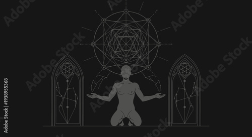 Man Meditating with Sacred Geometry and Cosmic Symbols