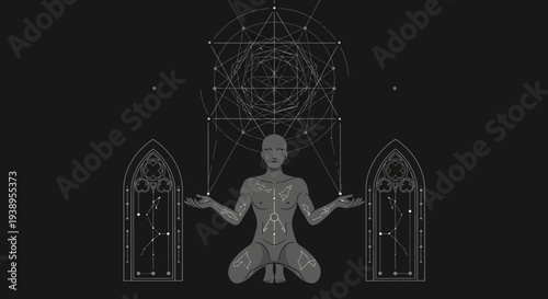 Mystical Human Figure with Geometric Constellation Design and Gothic Windows