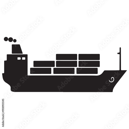 Cargo ship silhouette with containers on deck and smokestack emitting smoke isolated on white background
