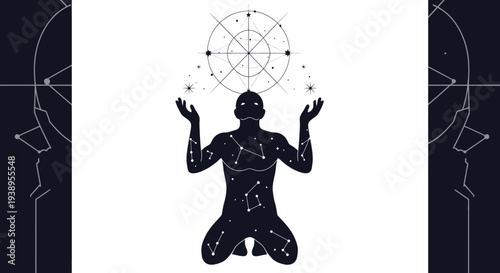 Cosmic Man Kneeling, Celestial Constellations and Stars, Spiritual Awakening