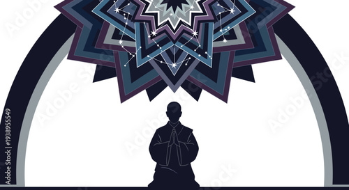 Silhouette of person meditating under a geometric mandala, spiritual enlightenment, zen