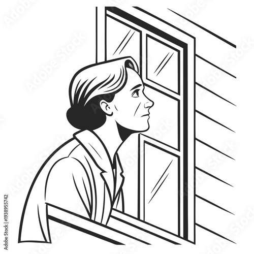 Woman looks outside through a window frame.