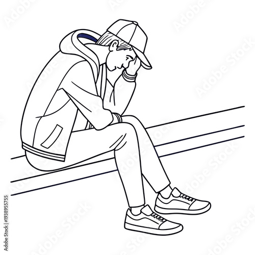 Young man sits looking down with distress shown.