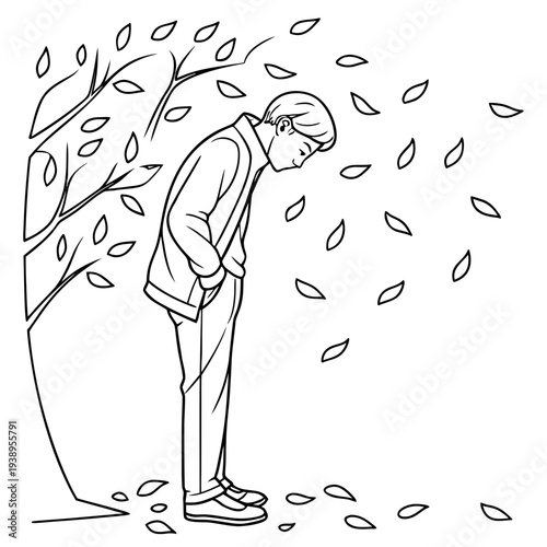 Man stands alone under falling autumn leaves.