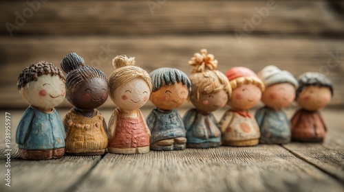 Diverse children figurines standing together in a row on wooden surface with rustic plank background representing multicultural unity, childhood diversity, inclusion, equality, friendship, community h