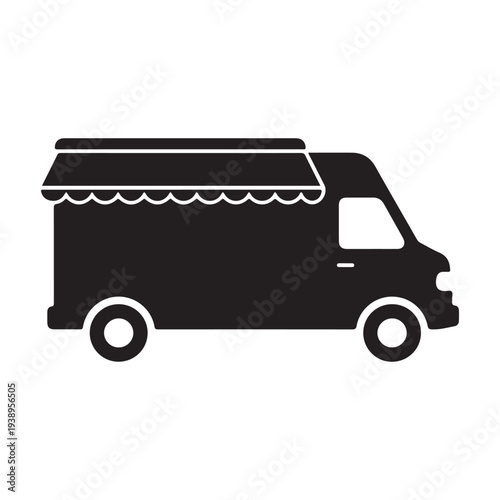 Food truck vehicle with awning  side view  black silhouette on white background