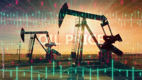Drilling rigs on an oil field and oil prices on the stock market