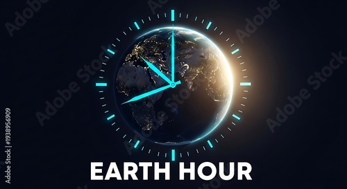 Earth Hour digital clock glowing neon blue planet sustainability awareness concept