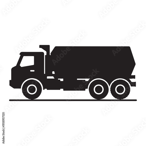 Large black garbage truck silhouette side view with three axles and big wheels on road  industrial vehicle icon