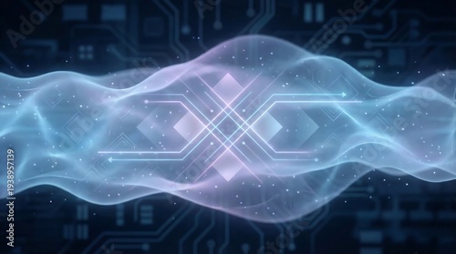 Glowing blue and purple circuit board design with wavy lines and geometric shapes on a dark background with a futuristic mood.