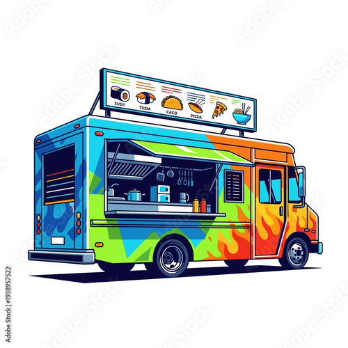 Vibrant food truck serving sushi tacos and pizza on the go