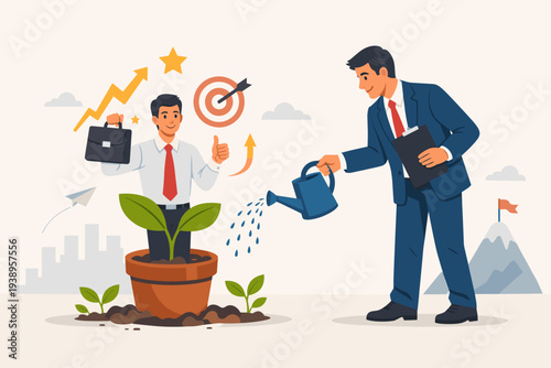 Business mentor watering a young employee growing in a pot, representing career development, human resources talent management, professional growth, coaching, and leadership for job success.