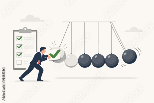 Businessman Pushing Newton's Cradle with Checkmark for Task Completion and Project Management Momentum, Work Progress Concept with Checklist Clipboard, Efficiency and Goal Achievement Illustration