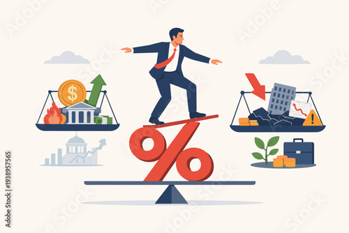 Central Bank Monetary Policy Concept with Businessman Balancing on Large Interest Rate Percentage Sign to Control Inflation and Maintain Economic Stability Between Financial Profit and Loss