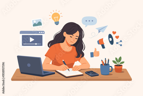 Young Woman Content Writer or Blogger Writing Article for Social Media Marketing and Digital Storytelling, Creative Freelancer Working on Laptop at Desk with Idea and Communication Icons Vector