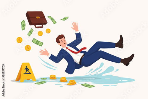Businessman slipping on wet floor losing money from briefcase, concept of financial failure, investment risk, economic crisis, bankruptcy, debt, market crash, and unexpected business expenses.