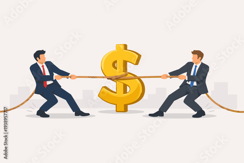Two businessmen in suits playing tug of war with a large golden dollar sign, representing business competition, financial struggle, market share rivalry, corporate conflict, and money fight.