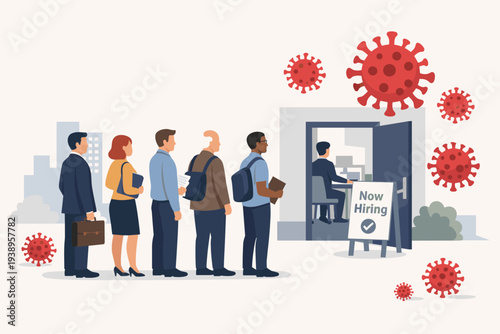 Diverse group of unemployed people standing in a long queue for a job interview during the coronavirus pandemic. Now hiring sign outside an office with COVID-19 virus cells in the background.