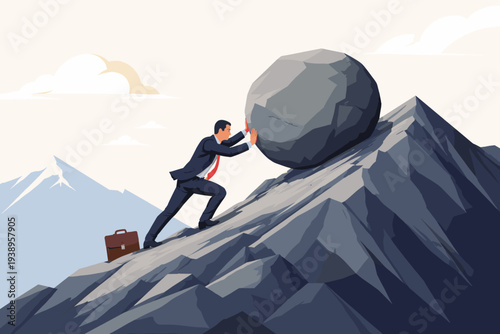 Determined Businessman Pushing a Massive Rock up a Steep Mountain Slope, Symbolizing Perseverance, Grit, Persistence, Resilience, and the Relentless Effort Needed to Achieve Success and Goals.