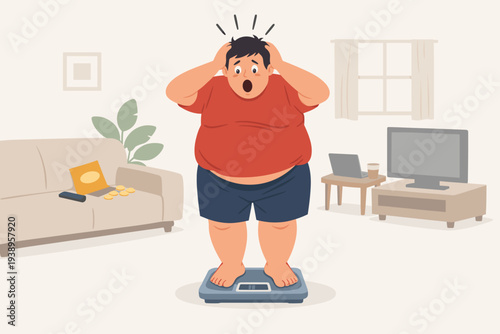 Shocked overweight man standing on weighing scale at home, stressed about weight gain during quarantine. Sedentary lifestyle, obesity, and lack of exercise concept with snacks and TV in room.
